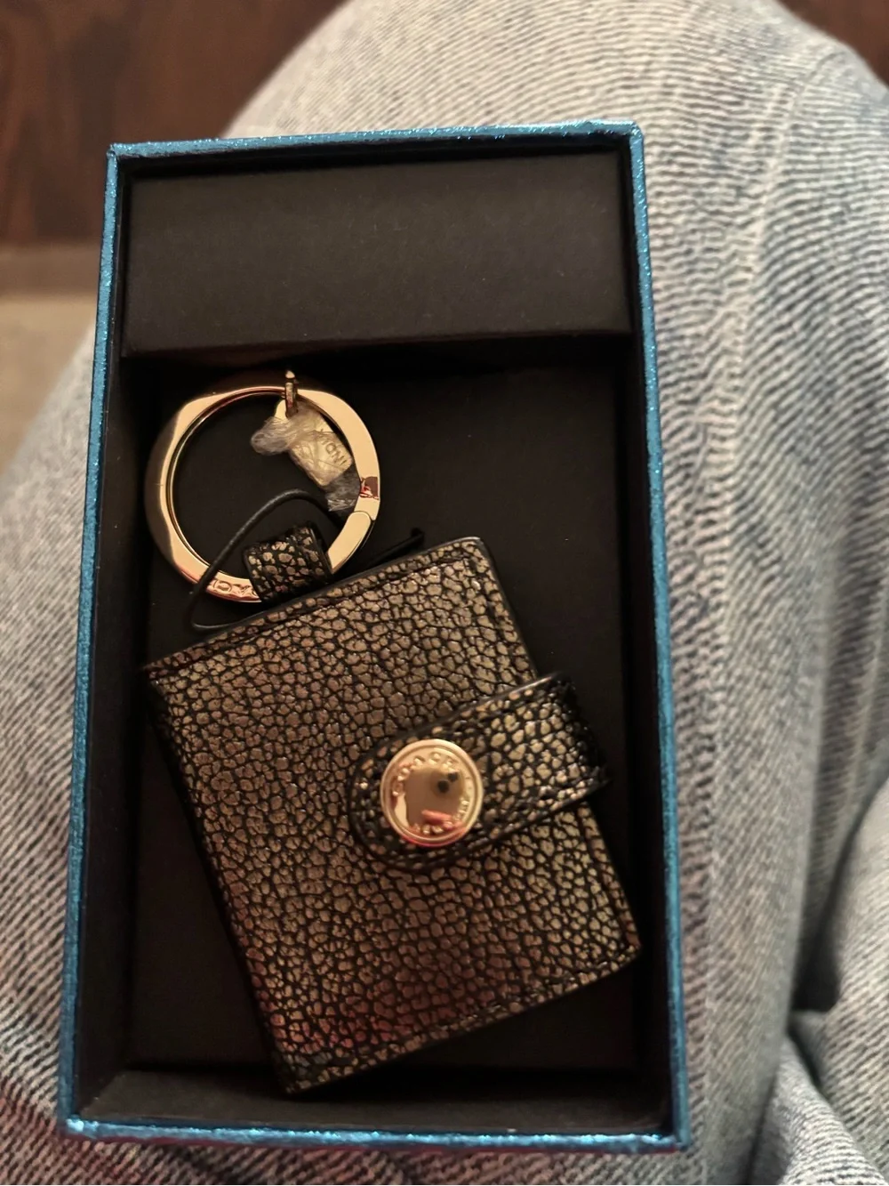 NIB Coach Gold-Accent Black Textured Keychain Wallet